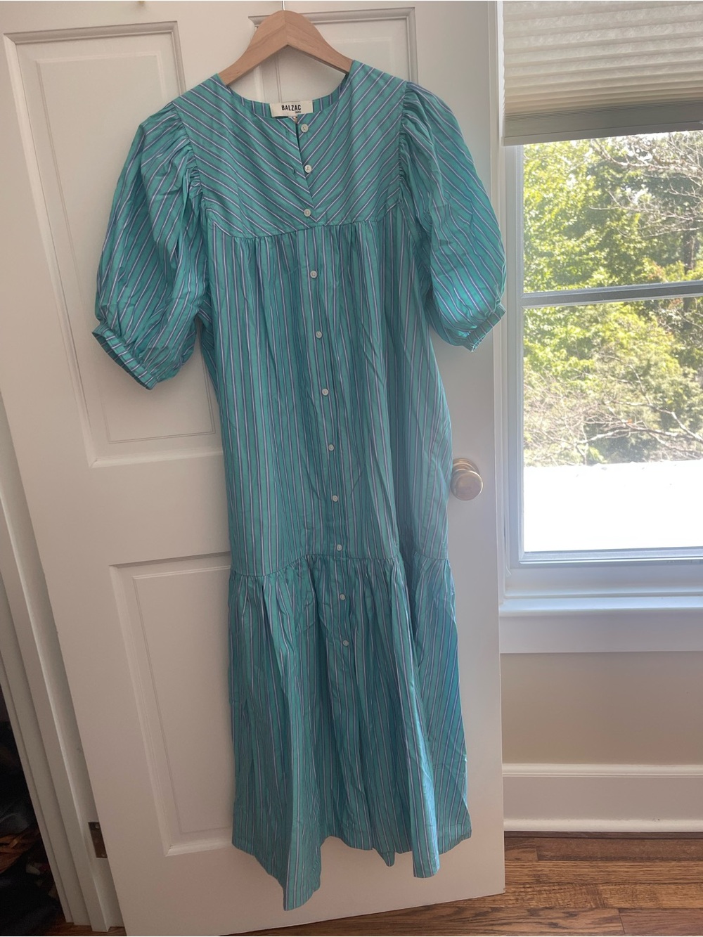 Balzac Paris Turquoise Striped Puff-Sleeve Midi Dress